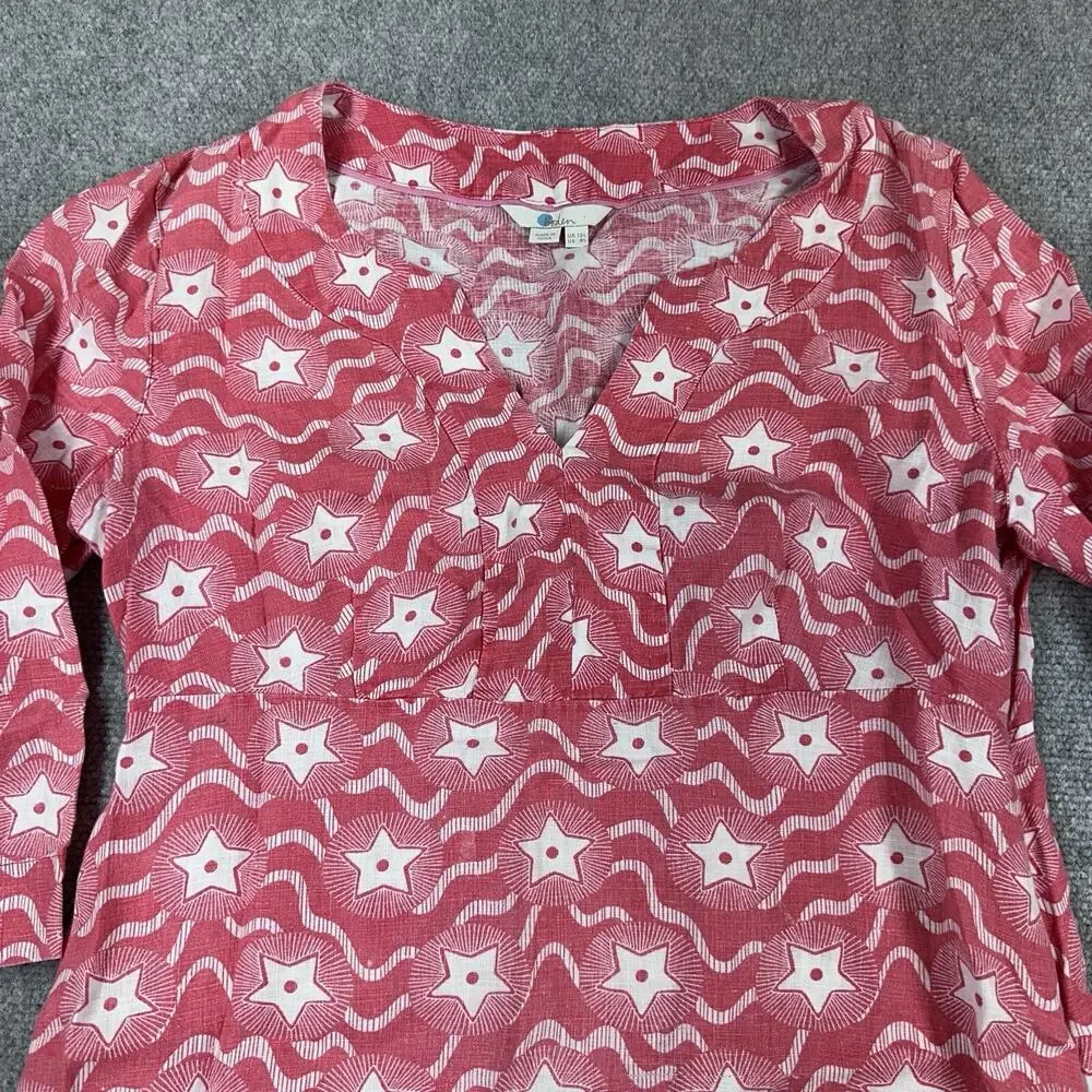 Boden Red Linen Star Mini Dress 3/4 Sleeve Notch Neck Sz 8 Petite 4th Of July - Picture 4 of 11